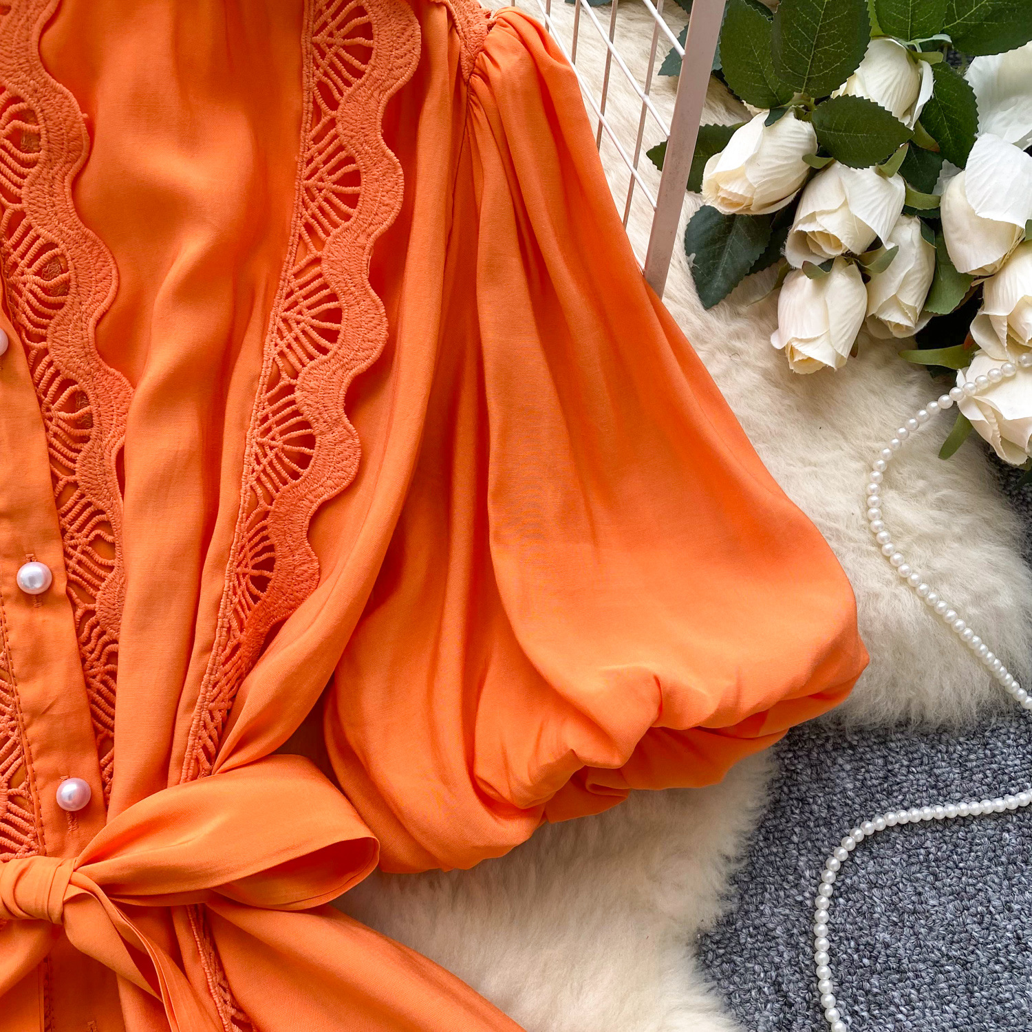 Women's Clothing Retro Palace Fashionable Lace Splicing Tie Waist Dress Lantern Sleeve Slim Temperament A Line Skirt_ecoleips.com