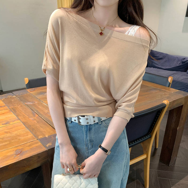 Lyocell Tencel Lazy Style One-Shoulder Slanted Shoulder Short-Sleeved Knitwear for Women in Summer Loose and Slimming Look Single Top
