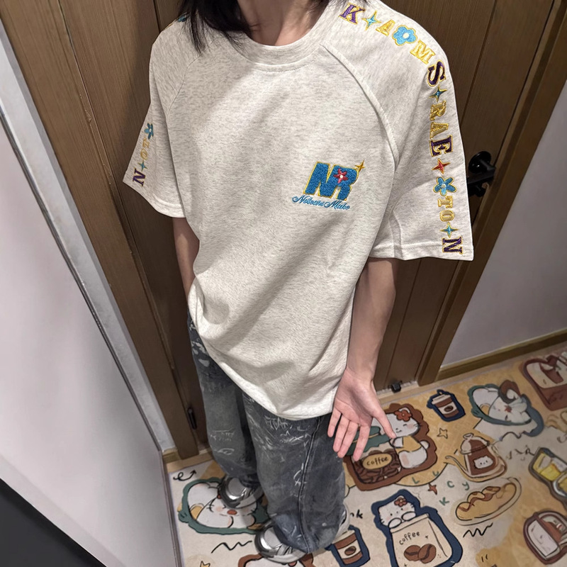 Floral Gray Raglan Embroidery American-Style Regular Shoulder Heavy Short-Sleeve Men's High-End Cool Cityboy Couple Half-Sleeve T-Shirt Floral Gray Raglan Embroidery American-Style Regular Shoulder Heavy Short-Sleeve Men's High-End Cool Cityboy Couple Half-Sleeve T-Shirt