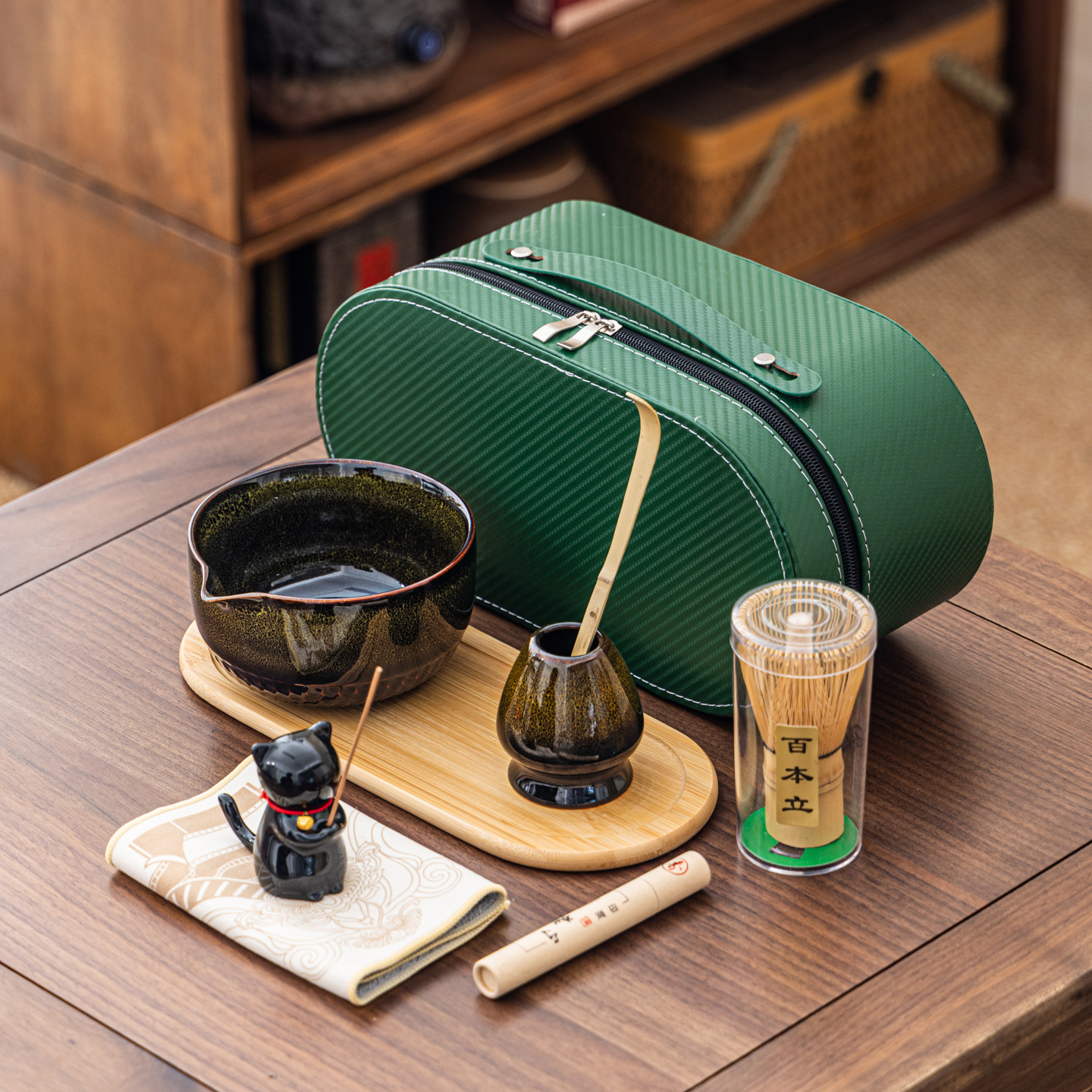 Cuenco de matcha corrugado caja de cuero set adorable gatito Xiangdao ocho piezas set punto té 100 tazas de té