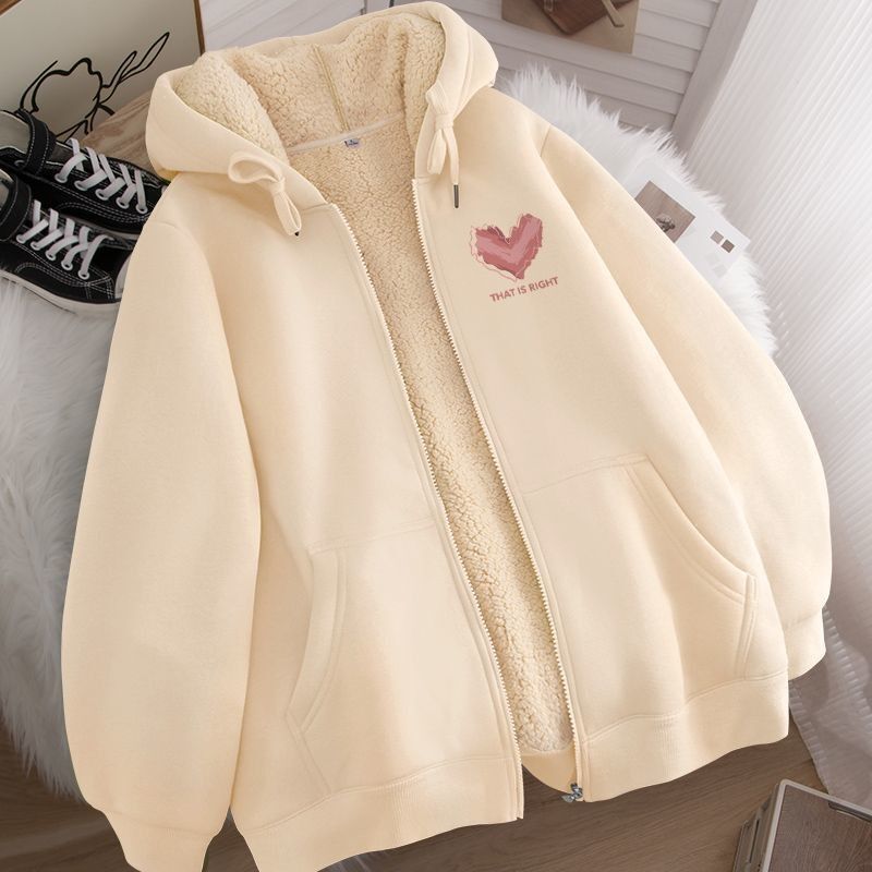 Apricot Warm Zipper Jacket for Men and Women in Winter Fleece-Lined and Thickeneded Hooded Sweatshirt Cardigan Cashmere Top Versatile