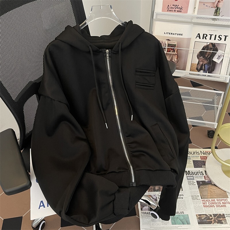 Pure Black Multi-Zipper Sweater 2024 New Arrival Men's Autumn and Winter Hooded Cardigan Jacket American Style Retro Couple Top Pure Black Multi-Zipper Sweater 2024 New Arrival Men's Autumn and Winter Hooded Cardigan Jacket American Style Retro Couple Top