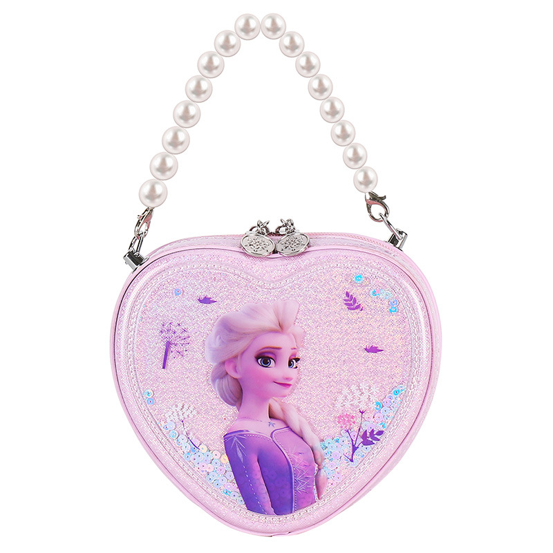 Bolso de Princesa para Niñas 2022, Bolso de Mano de PU con Perlas de Moda, Bolso Bandolera con Forma de Corazón de Frozen