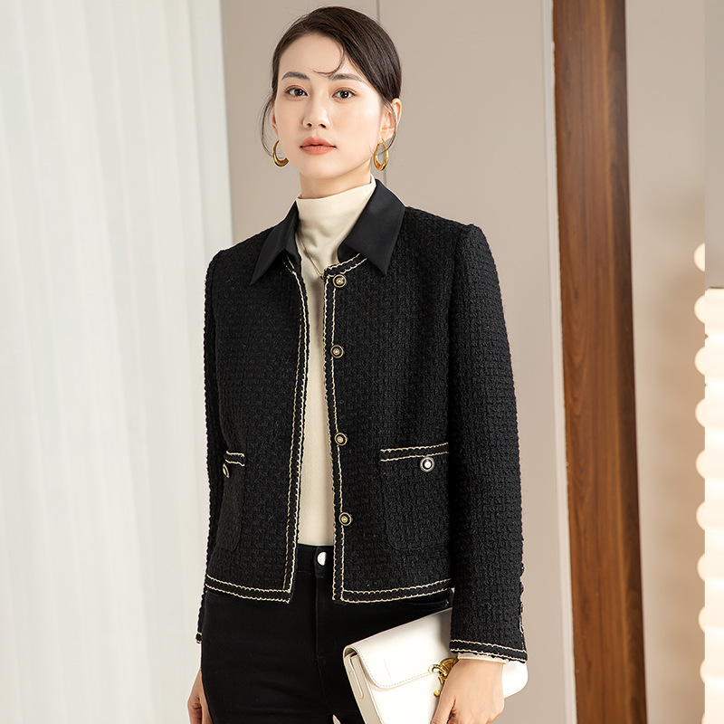 Áo khoác nữ dáng suông phối màu cổ điển tay dài mùa thu đông — Màu Đen (bao gồm cổ áo)
