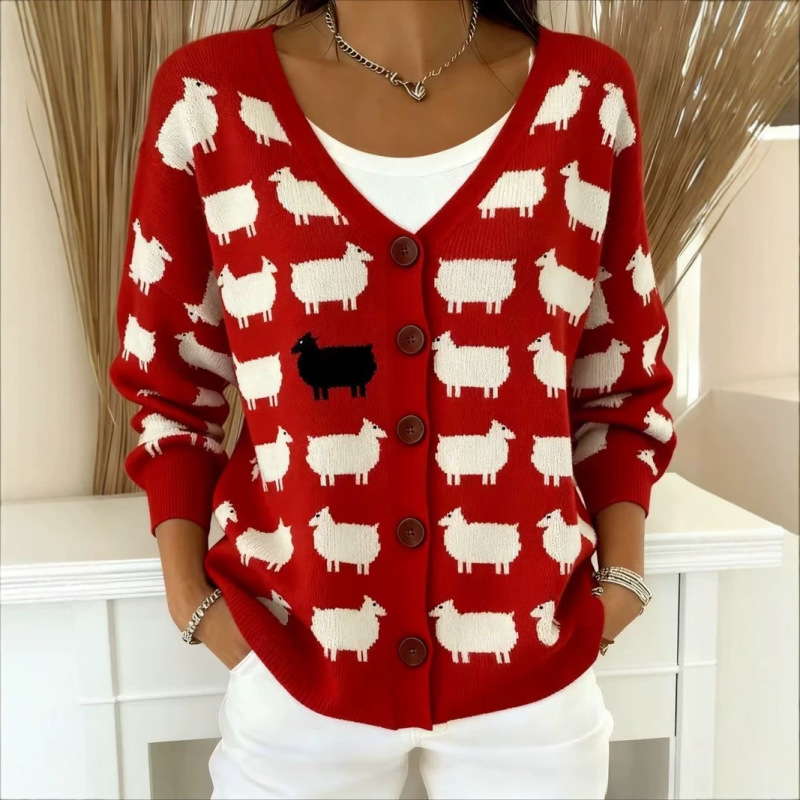 2026 new cross-border Amazon autumn and winter outerwear, loose-fitting 3D digital print women's drop-shoulder V-neck cardigan sweater