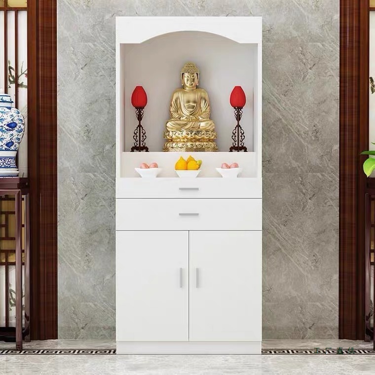 Buddhist Altar Cabinet with Doors for Home Use, Featuring a Standing Cabinet for Offering Tables, Shrine, Guanyin Offering Table, God of Wealth Statue, and Buddha Statue