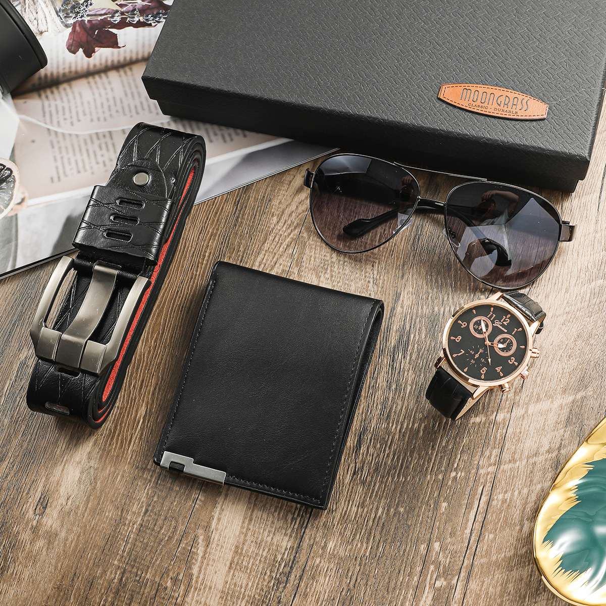 Reloj de los hombres traje de regalo de negocios Regalo de Cumpleaños de vacaciones billetera cinturón reloj gafas de sol traje 4 unids/set
