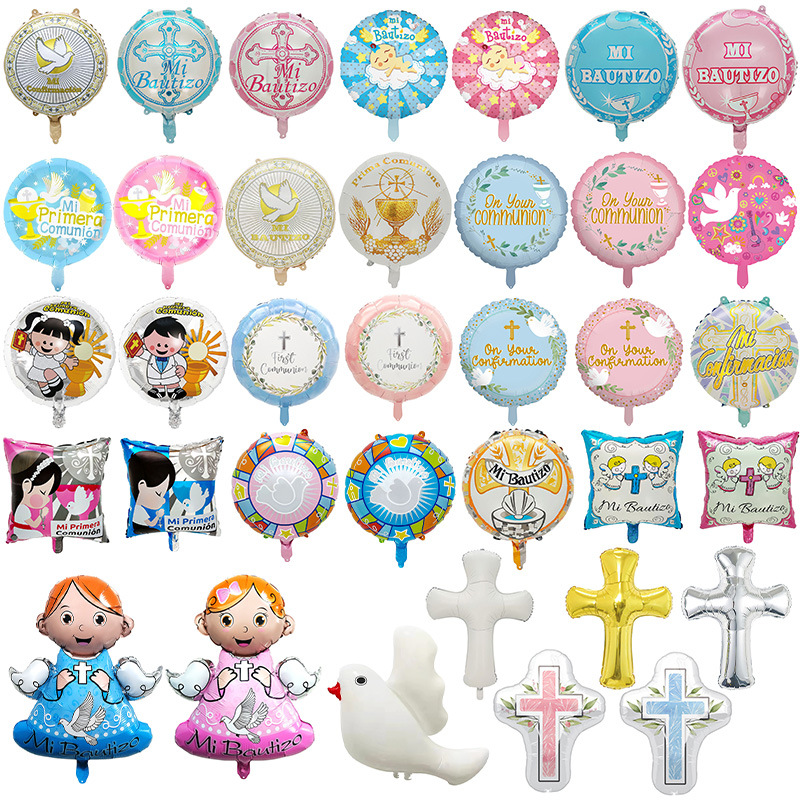 Ángel bebés bautismo globo cruces palomas blancas globo hombre niñas decoración de género tema globo de aluminio