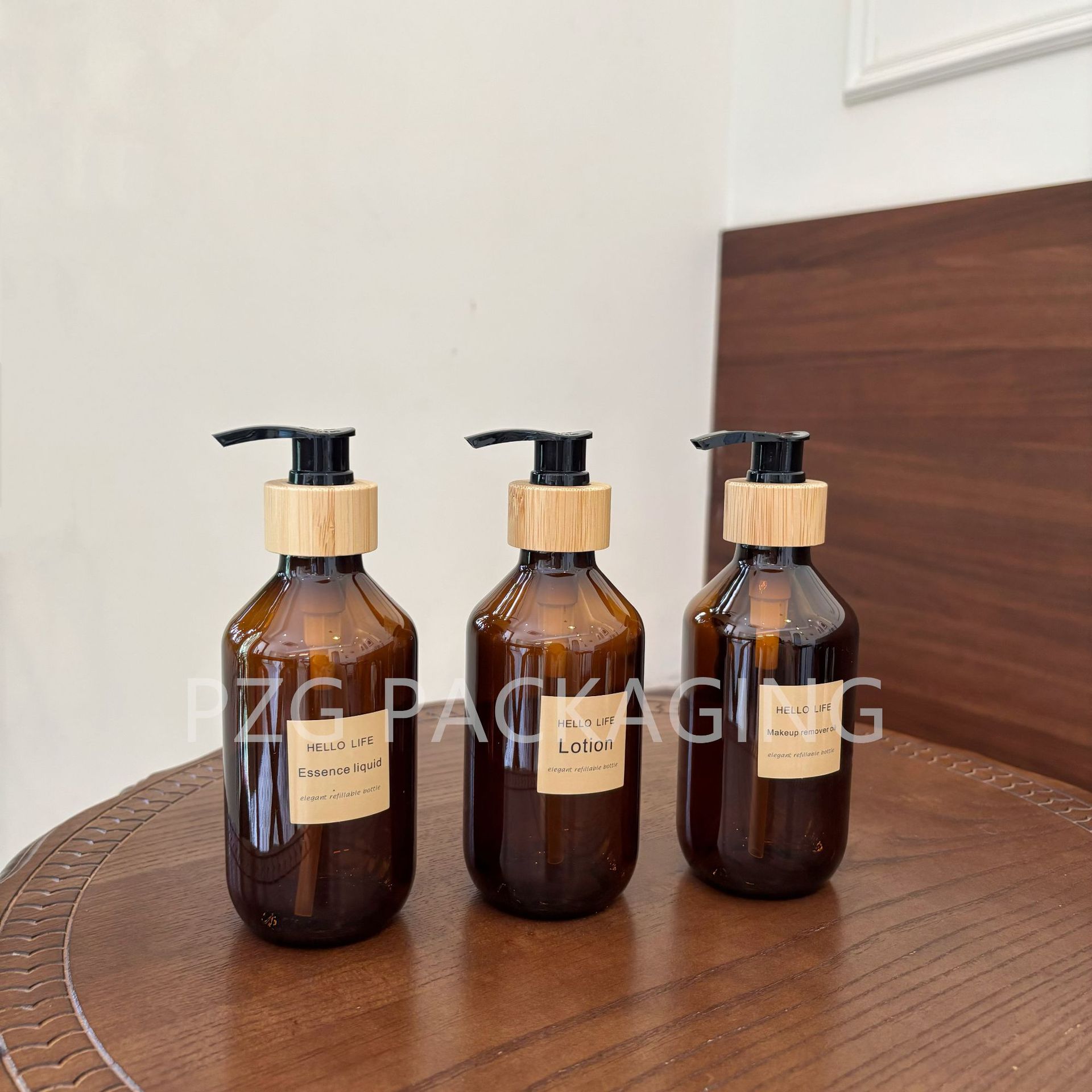 Brown Dark Bottle 300 ml Boston Bamboo and Wood Press Type Empty Bottle Essential Oil Cosmetic Skin Care Lotion in stock