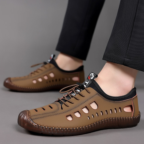 2024 Summer Men's Soft Leather Casual Men's Shoes Soft Sole Men's Casual Hollow Hollow Hole Shoes Breathable Leather Sandals Wholesale