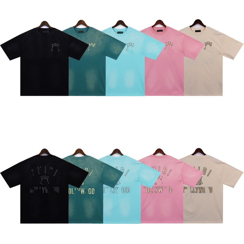 2025 Men's New Amiri Washed Short Sleeve Logo Patch Patch Summer Street Plaid Breathable Casual T-Shirt