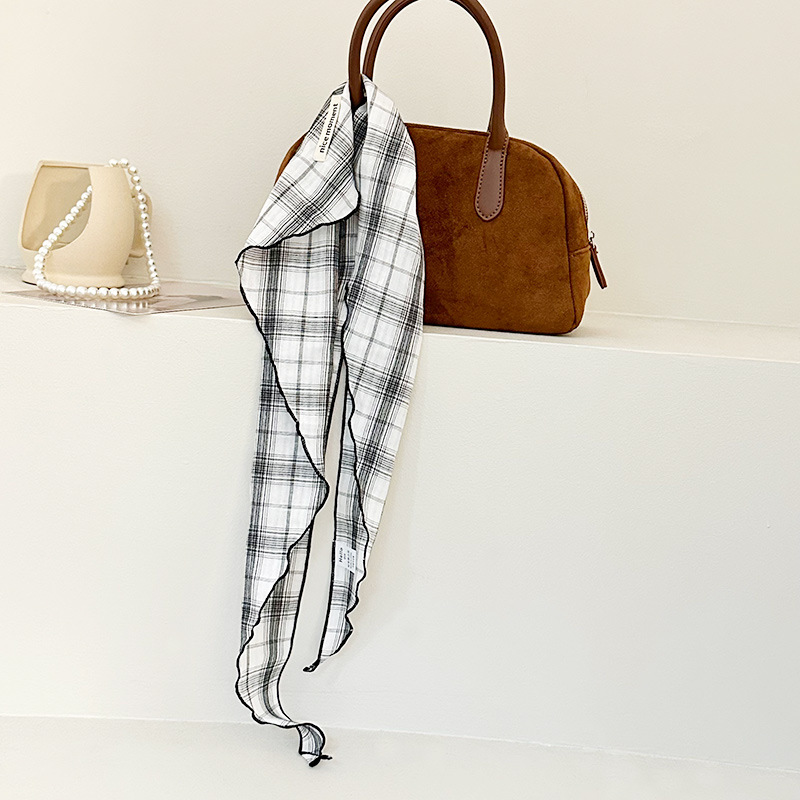 Bufanda triangular para mujer, estilo fino de primavera y verano, bufanda de seda literaria retro, bufanda para el cuello, pañuelo japonés a cuadros de algodón y lino, cinturón para el cabello, cabello atado