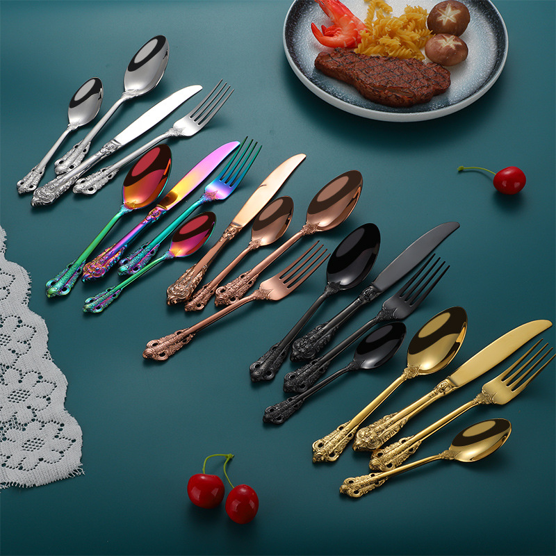 Cuchillo, tenedor y cuchara de corte transfronterizo Traje de vajilla occidental Cuchillo y tenedor de filete de acero inoxidable 304 Juego de 4 piezas de tenedor y cuchara de postre de restaurante occidental