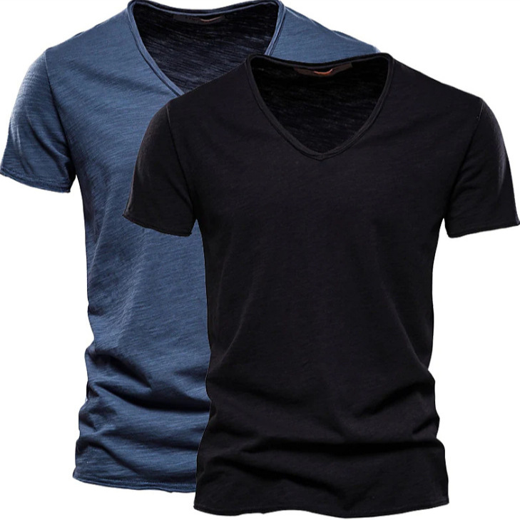 2-Pack Men's Solid Color Slub Cotton V-Neck Short-Sleeve T-Shirts, Pure Cotton European and American Style Men's Clothing, Same Style Trendy Brand, Moisture-Wicking and Sweat-Wicking