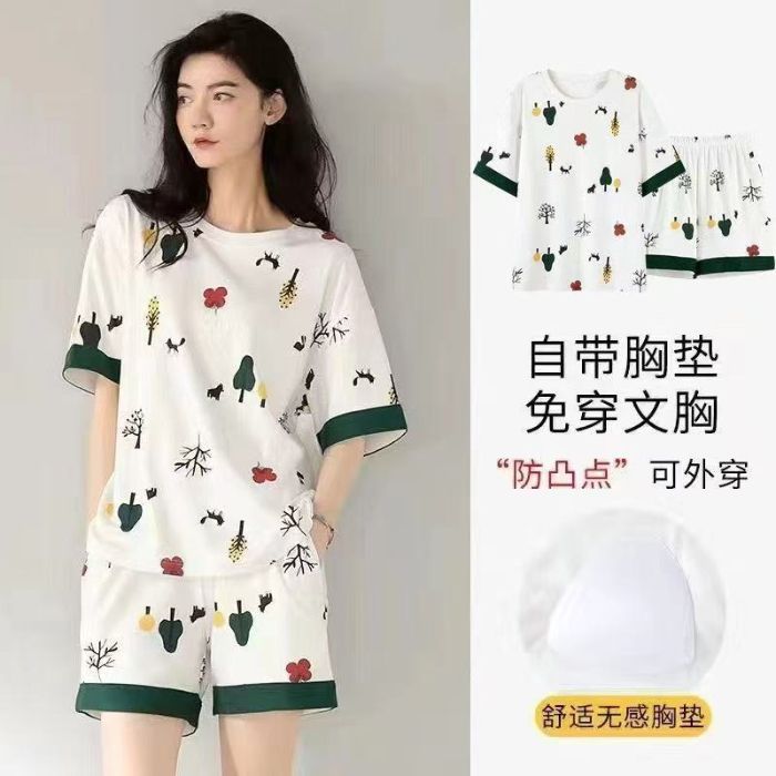 Pijamas al por mayor transfronterizos para mujer verano con almohadilla fija para el pecho casual de dibujos animados lindos pantalones cortos de manga corta ropa a domicilio de dos piezas