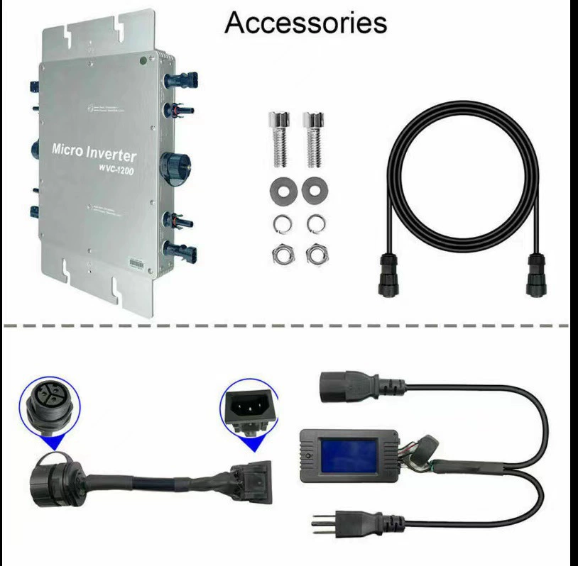 Солнечный фотоэлектрический инвертор, подключенный к сети, четырехканальный вход IP65, водонепроницаемый, 1200 Вт, серебристый с ЖК-дисплеем