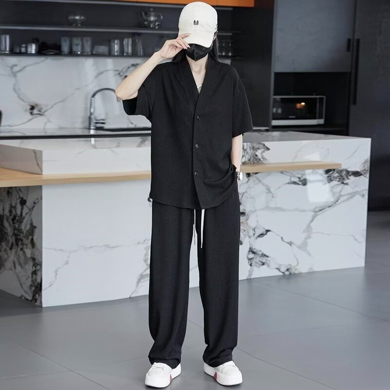 American-Style Trendy Brand Textured Casual Sports Suit for Men and Women, Summer Loose-Fitting Plus-Size Short-Sleeve Shirt and Long Pants Two-Piece Set