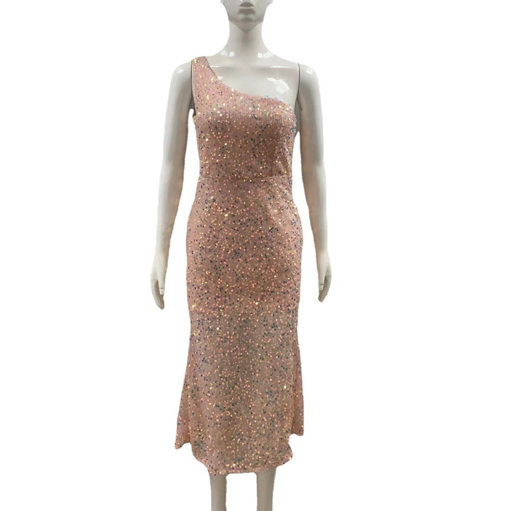 ne Shoulder All Over Iridescent Sequin Midi Dress, Asymmetrical Neck High Side Split Bodycon Formal Cocktail Evening Party Gown_ecoleips.com
