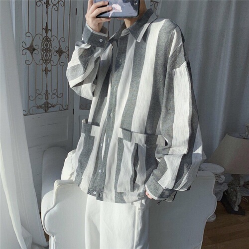 Japanese striped shirt for men, Korean style workwear top, autumn couple long-sleeved shirt, loose and versatile, student uniform, trendy