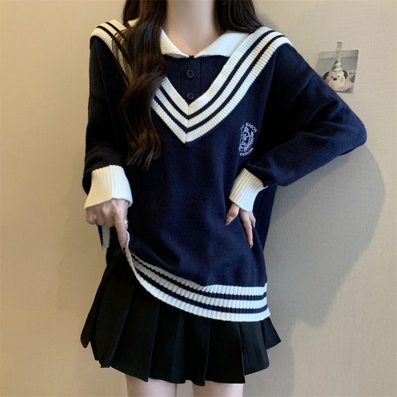 慵懒学院风毛衣女秋冬大码胖妹妹显瘦假两件Polo领针织打底衫上衣|undefined