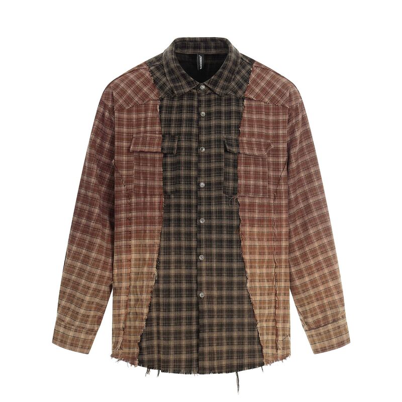 Qihong Clothing American Retro Style Plaid Color-Block Unique Cardigan Spring Unisex Personality Long Sleeve Shirt