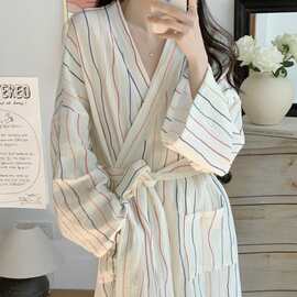韩国ins女士新品推荐新款彩色条纹浴袍睡衣女士带腰围睡袍家居服