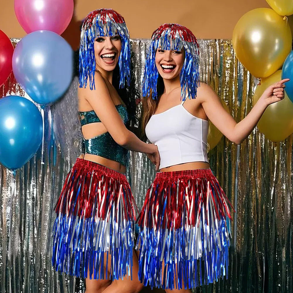 美国独立日派对雨丝帽节日派对服饰装饰饰品红银蓝拼色流苏雨丝裙