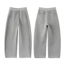 灰色加绒弯刀运动裤女春季2026新款高腰直筒卫裤小个子宽松阔腿裤