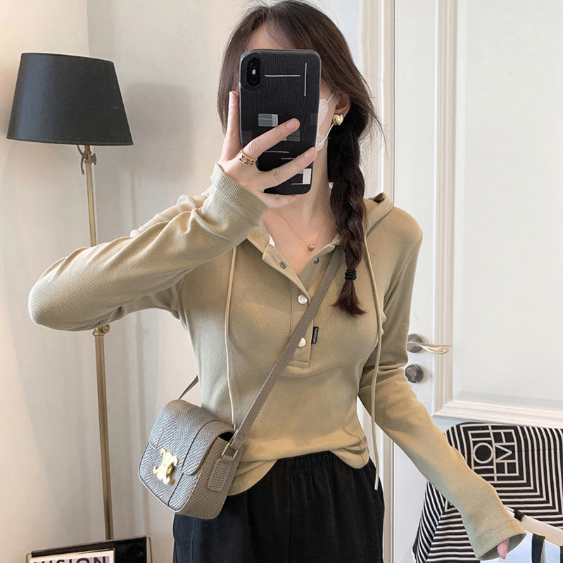 Hooded Long-Sleeve T-Shirt for Women 2026 Spring and Autumn New Korean Style Slim Fit Short Top Base Shirt Trendy Sweatshirt
