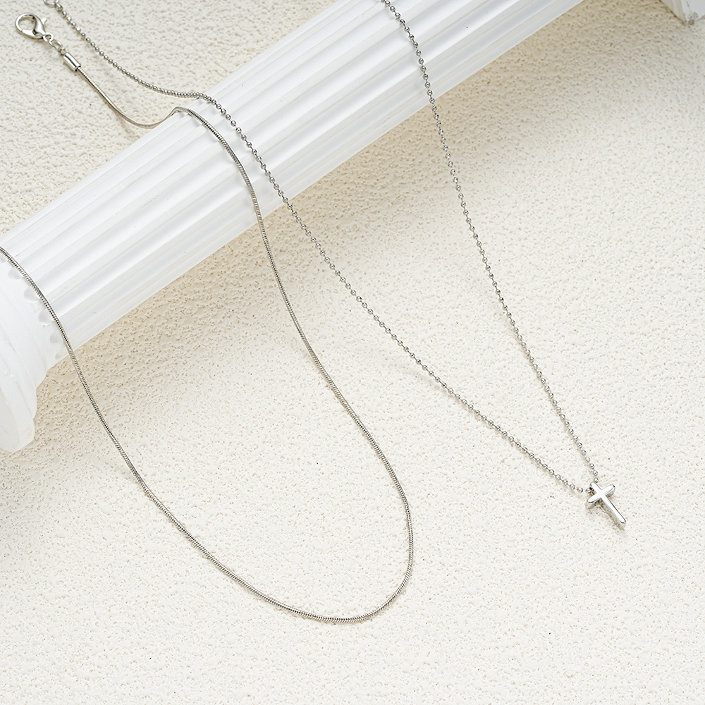Cross Pendant Layered Necklace With Snake Bone Chain Style_voghion.com