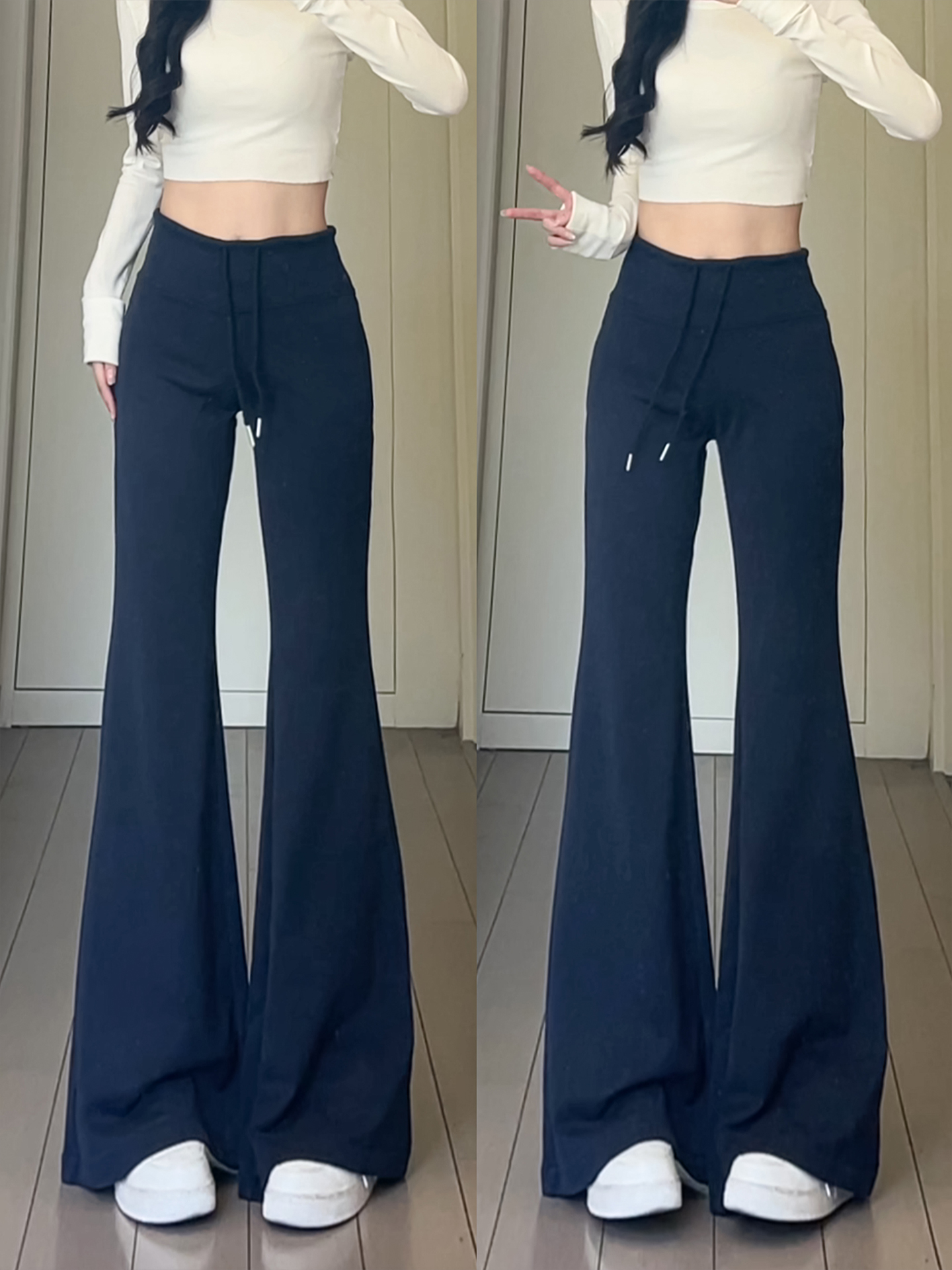 藏青色喇叭卫裤女秋季2025新款韩系小个子高腰修身显瘦马蹄运动裤