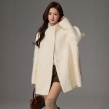 2025秋冬新款羊绒拉绒大衣女中长款时尚立领宽松加厚羊毛呢子外套