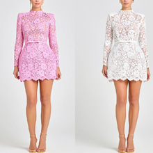 跨境外贸独立站2025新款欧美蕾丝透视镂空腰带修身长袖短裙连衣裙