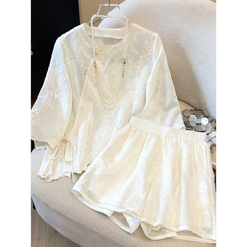 国风唐装斜襟盘扣上衣配短裤两件套女夏季薄款新中式绣花时尚套装|undefined