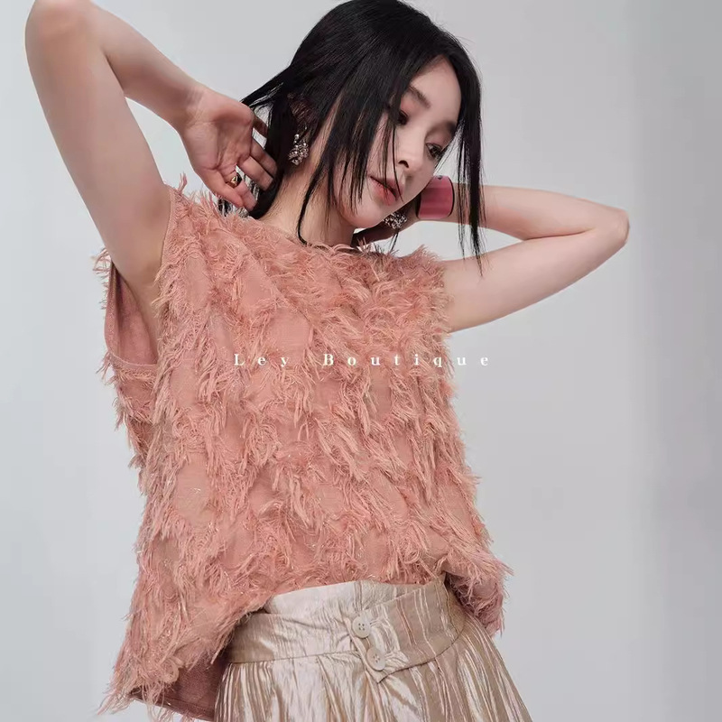 Cut flower tassel rhombus_Tencel wool sweater style temperament fashionable elegant T-shirt jacket women