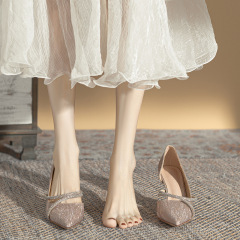 高跟鞋細跟公主尖頭側空性感閃閃水鑽單鞋女2024春夏新款宴會婚鞋