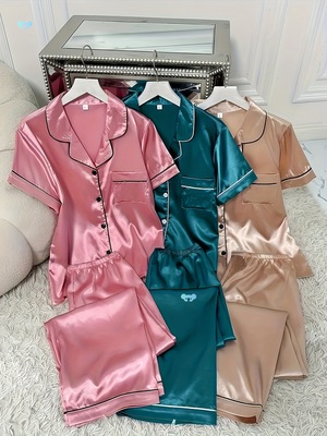 3 Sets Women's Solid Satin Casual Pajama Set, Short Sleeve