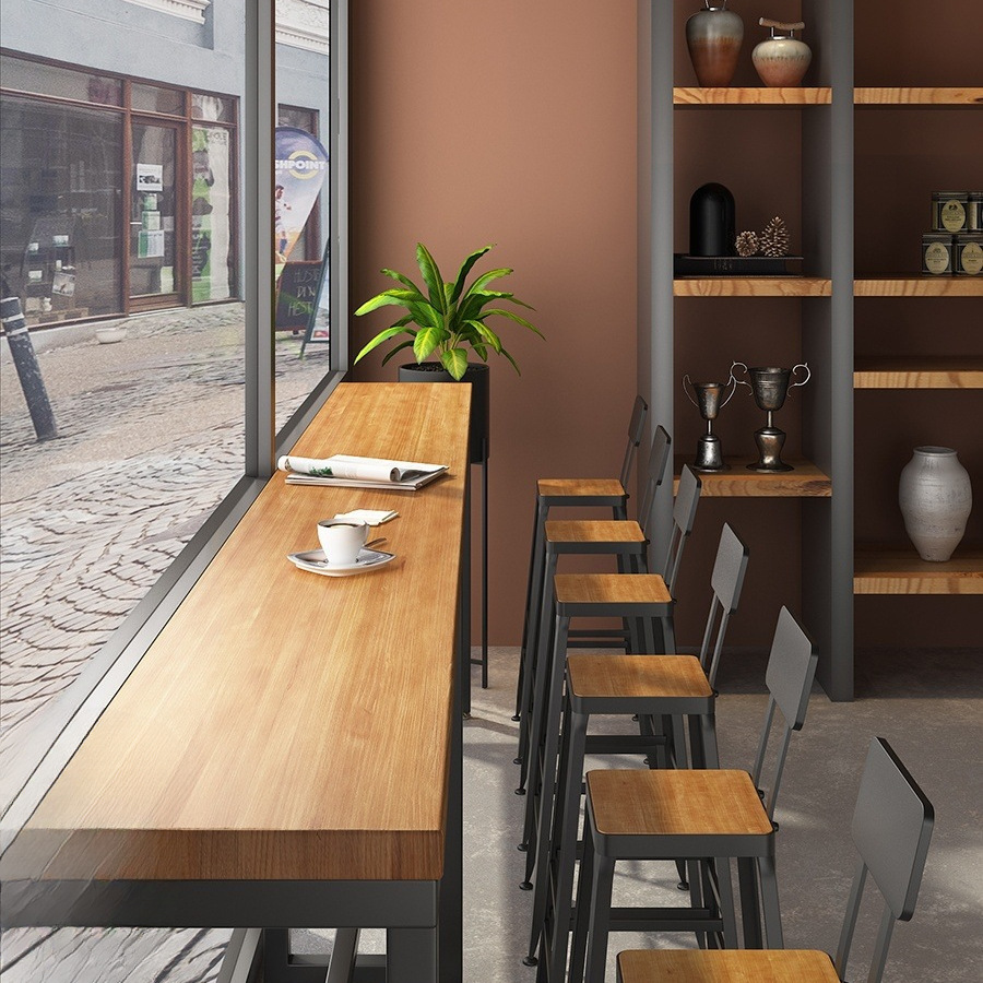 Bar Table and Chair Combination Industrial Style Iron Solid Wood Bar High Milk Tea Shop Cake Shop Wall Narrow Table 1201