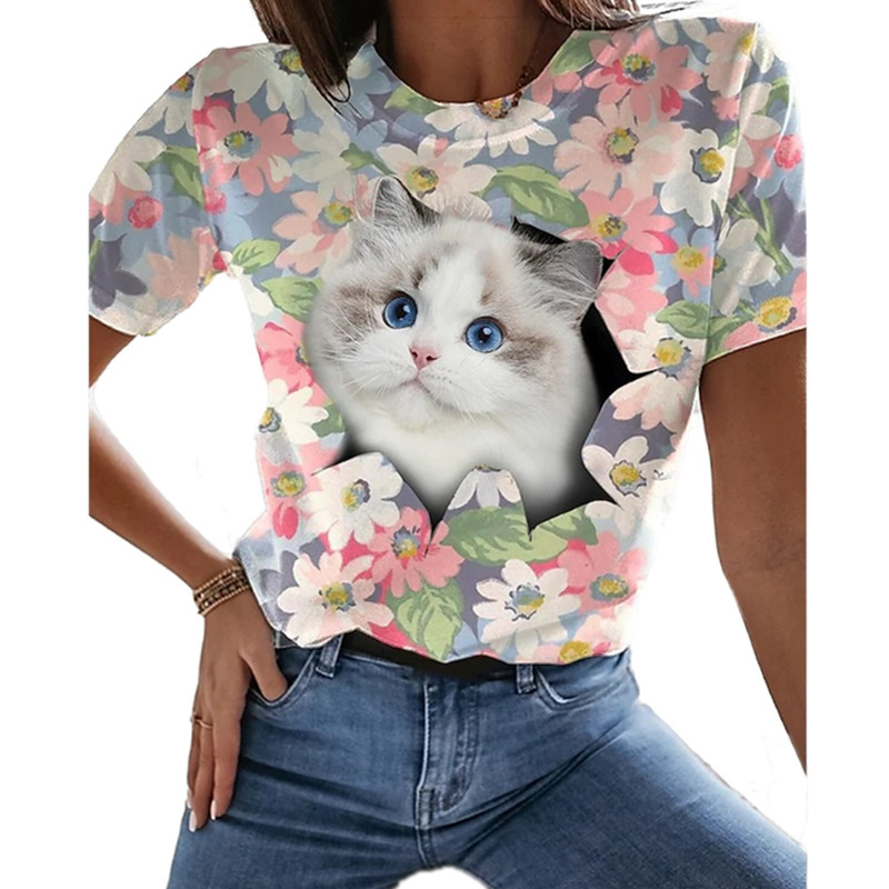 夏季潮牌T恤 性感女士圆领T恤 外贸新款宽松套头短袖上衣 3D印花