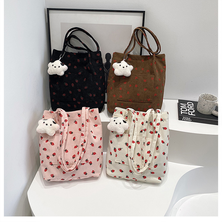 375g Weight Polyester Lining Material Magnetic Buckle Closure Type Double Shoulder Straps Strap Type Bucket Bag Bags Type Holiday, Daily Occasion Corduroy Material Strawberry Pattern Spring&Summer Season Women's Gender Cute Style Square Shape Medium Size Women's Medium Corduroy Strawberry Cute Square Magnetic Buckle Bucket Bag 1