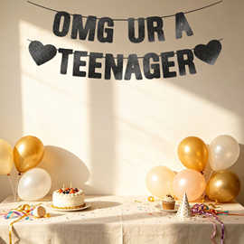 生日派对装饰拉旗 OMG UR A TEENAGER闪光金葱纸拉旗趣味气氛装饰