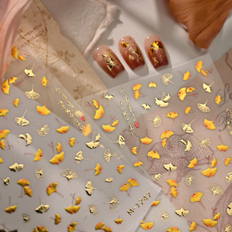 Iron-Colored Ginkgo Leaf Nail Stickers M1247 New Chinese Style Autumn and Winter Sweet Cool Style Fallen Leaf Nail Stickers Iron-Colored Ginkgo Leaf Nail Stickers M1247 New Chinese Style Autumn and Winter Sweet Cool Style Fallen Leaf Nail Stickers
