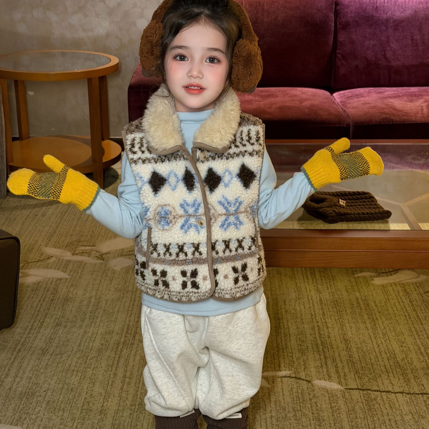 Winnie Fruit Children's Clothing 2026 Autumn/Winter New Collection: Girls' Fair Isle Lambswool Vest, Thickened Children's Vest