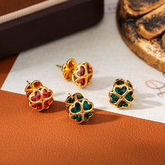 本物の金メッキカラー花5A級ジルコンピアス女性ファッション気質デザイナーモデル桃心耳栓イヤリング女性