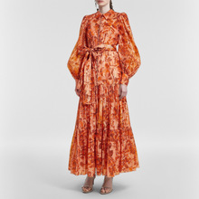 法式复古翻领长袖连衣裙女款春秋新款欧根纱印花高质单排多扣裙子