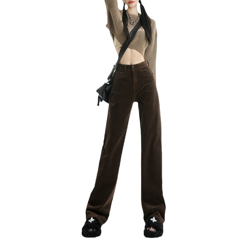 2024春秋人気商品 草緑色コーデュロイワイドパンツ レディース レトロハイウエストロングパンツ カジュアルロングストレートパンツ