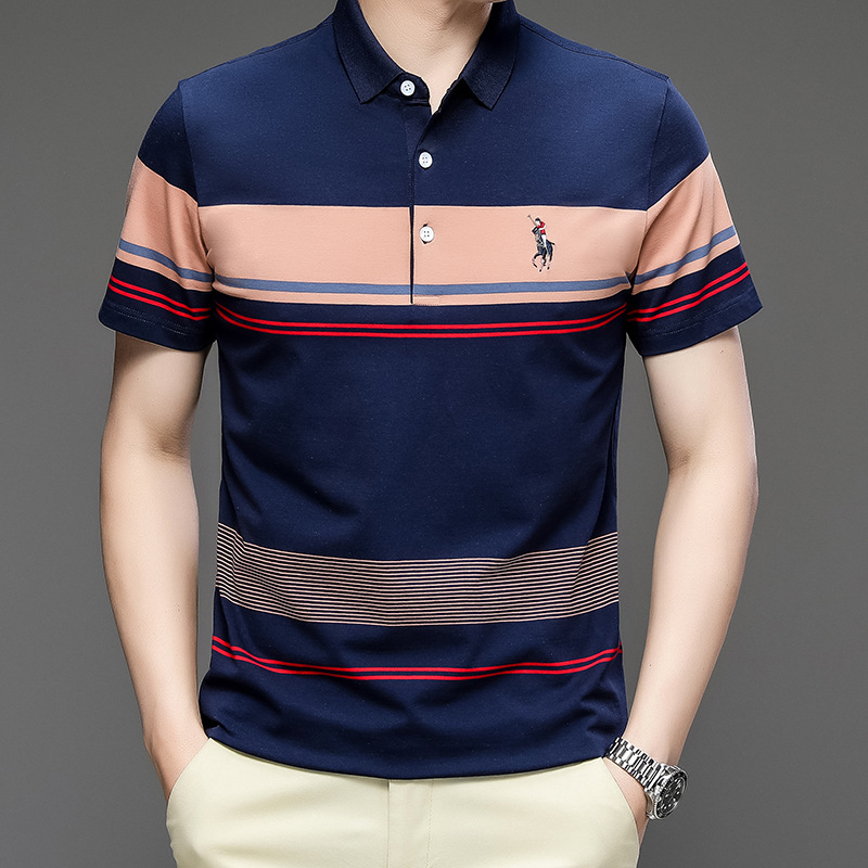 Exclusivo transfronterizo para verano nuevo estilo de algodón bordado de manga corta camiseta de hombre a rayas casual solapa de gran tamaño camisa POLO para hombre