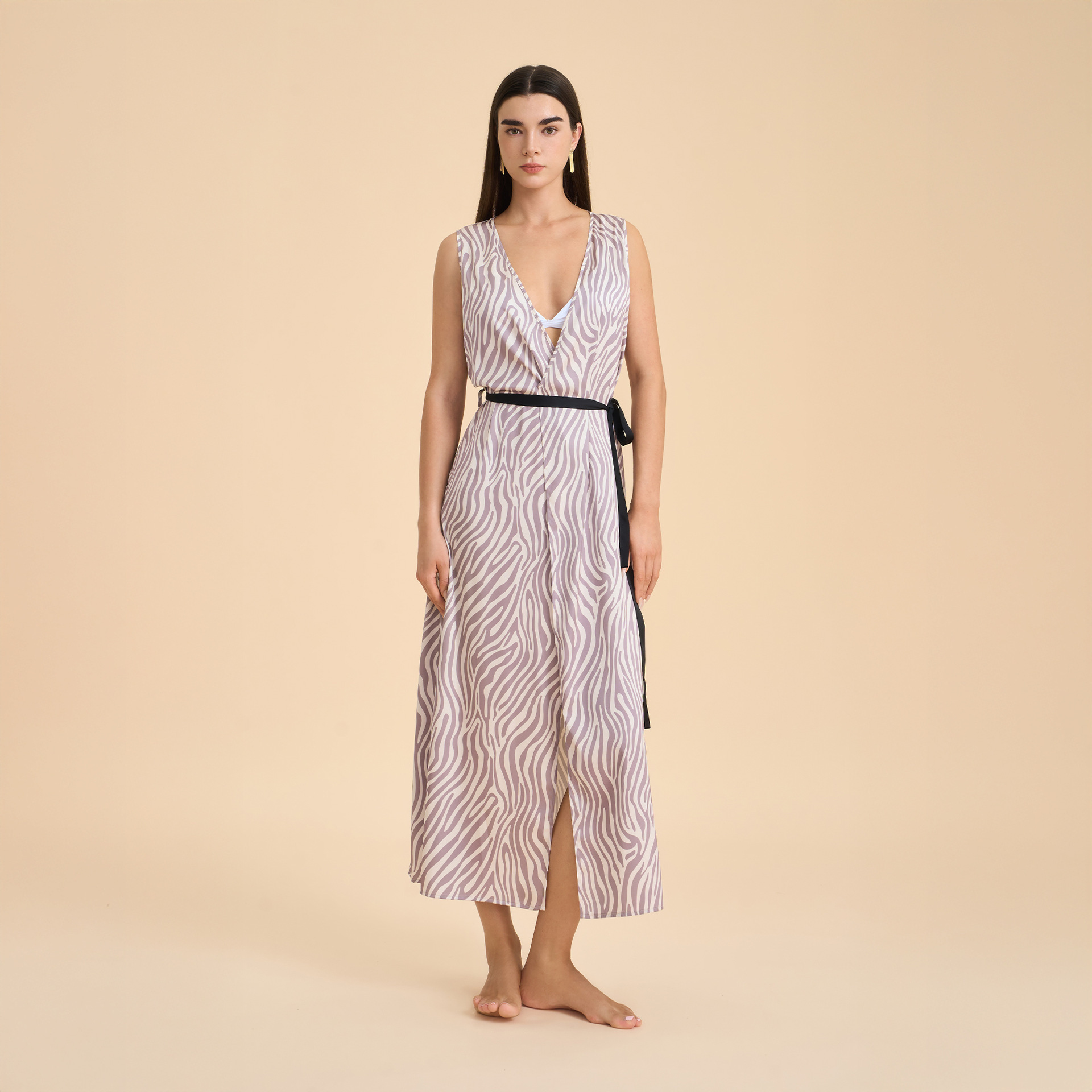 Amazon nuevo satén chiffon hogar cómodo vestido de dormir gris zebra impresión V-collar vestido largo SQ3954