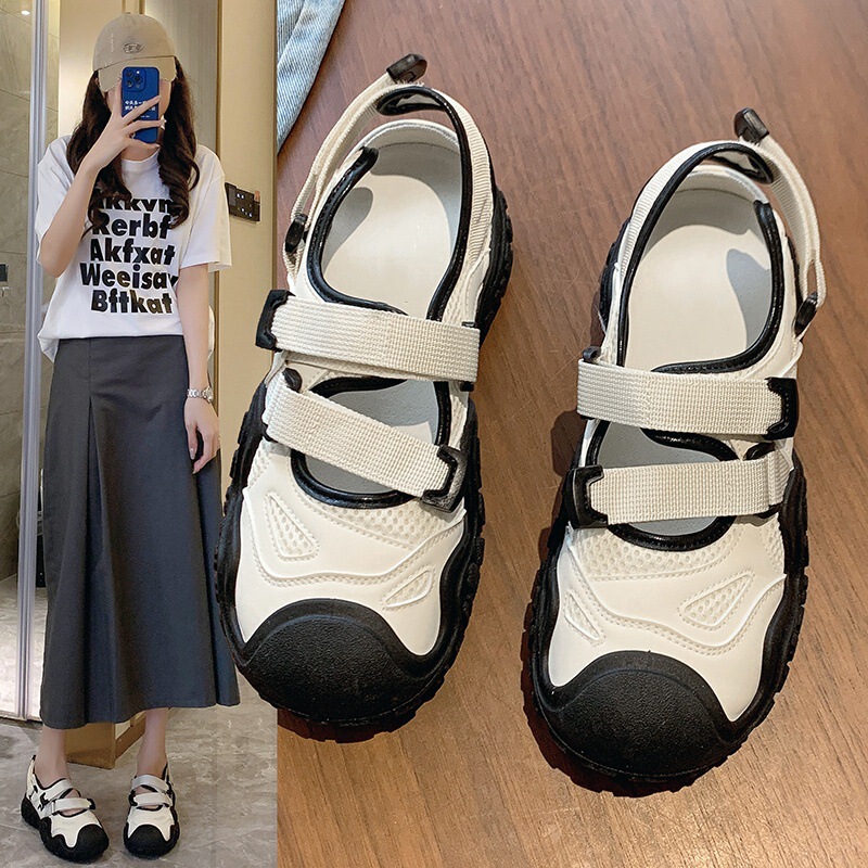 Summer Breathable Thin Women's Shoes with Velcro Mesh and Hollow Design, Thick-Soled White Sneakers for Women, Suitable for Pairing with Skirts