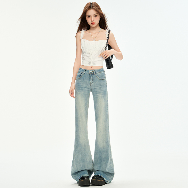 Light Blue Low-Waisted Flared Jeans for Women, Autumn Stretchy Slim-Fit Loose American-Style Bell-Bottom Pants, Thin Style Light Blue Low-Waisted Flared Jeans for Women, Autumn Stretchy Slim-Fit Loose American-Style Bell-Bottom Pants, Thin Style